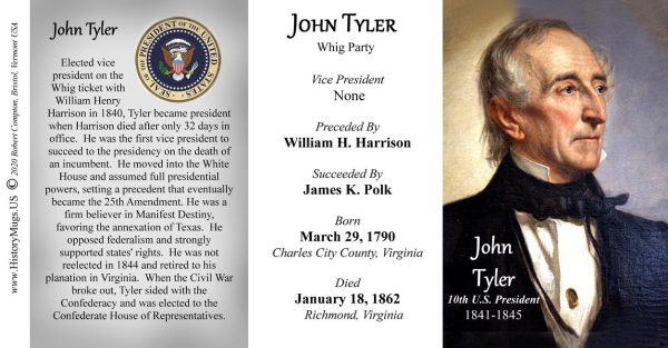 U.S. President John Tyler history mug tri-panel.