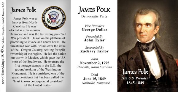 James Polk, US President biographical history mug tri-panel.