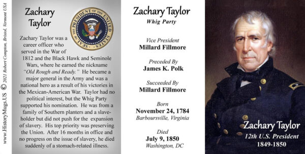 Zachary Taylor, US President biographical history mug tri-panel.