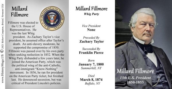 Millard Fillmore, US President biographical history mug tri-panel.
