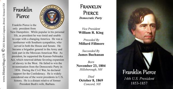 Franklin Pierce, US President biographical history mug tri-panel.