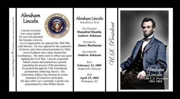 Abraham Lincoln US President history mug tri-panel.
