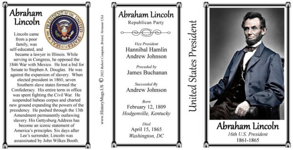 Abraham Lincoln, US President biographical history mug tri-panel.