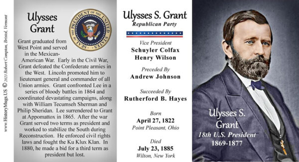Ulysses S. Grant, US President biographical history mug tri-panel.