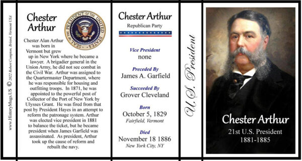 Chester A. Arthur, US President biographical history mug tri-panel.