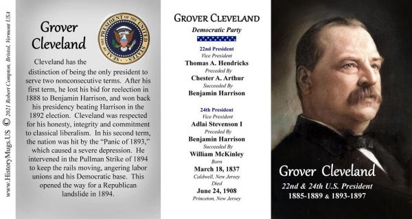 Grover Cleveland, US President biographical history mug tri-panel.