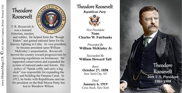 Theodore Roosevelt, US President biographical history mug tri-panel.