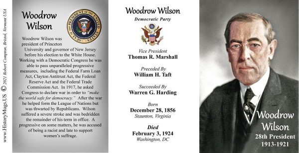 Woodrow Wilson, US President biographical history mug tri-panel.