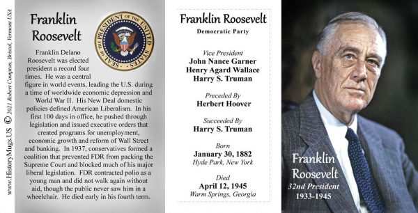 Franklin Roosevelt, US President biographical history mug tri-panel.