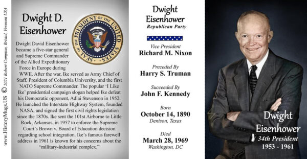 Dwight Eisenhower, US President biographical history mug tri-panel.