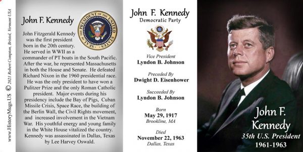 John F. Kennedy, US President biographical history mug tri-panel.