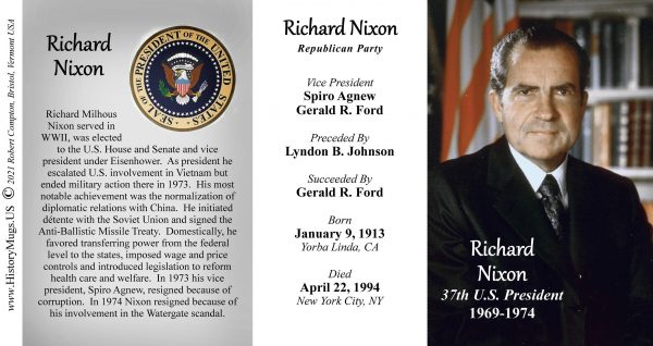 Richard Nixon, US President biographical history mug tri-panel.