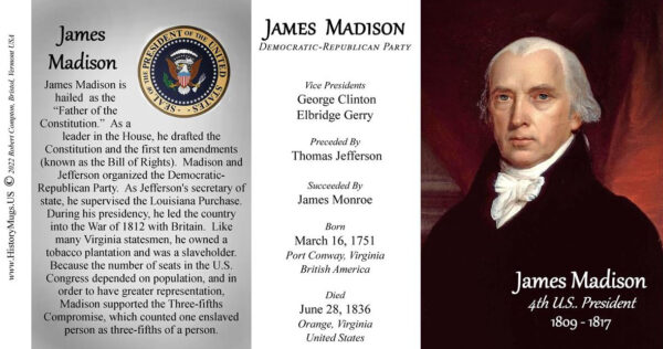 James Madison, US President biographical history mug tri-panel.
