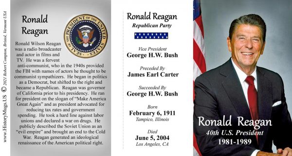 Ronald Reagan, US President biographical history mug tri-panel.