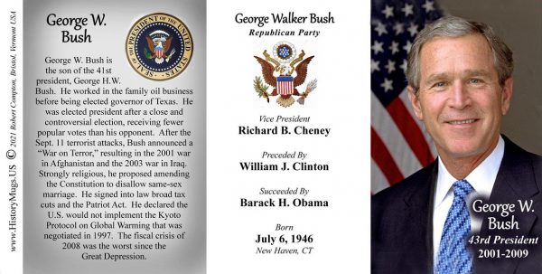 George W. Bush, US President biographical history mug tri-panel.