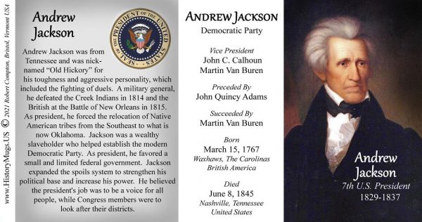 Andrew Jackson, US President biographical history mug tri-panel.