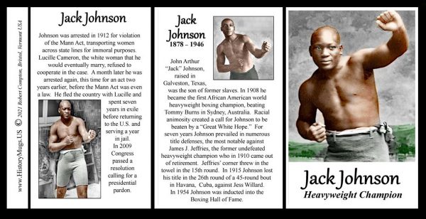 Jack Johnson, professional boxer biographical history mug tri-panel.