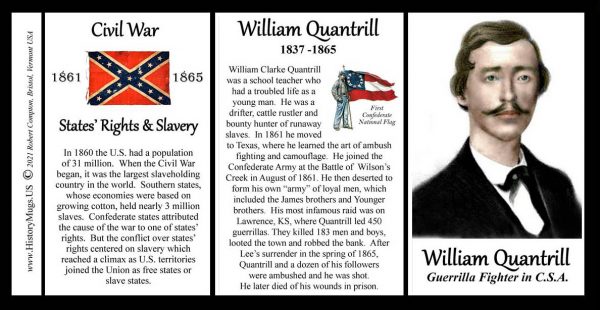 William Quantrill, Confederate Army, US Civil War biographical history mug tri-panel.