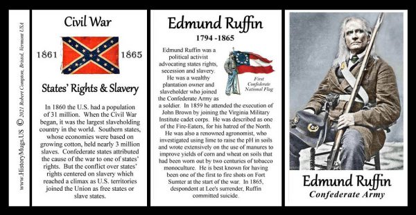Edmund Ruffin, Confederate Army, US Civil War biographical history mug tri-panel.