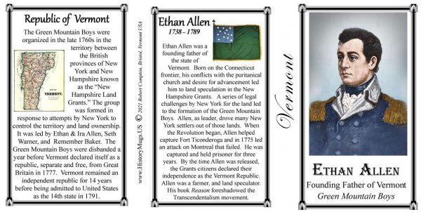 Ethan Allen, Vermont history biographical mug tri-panel.
