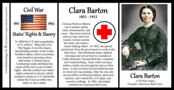 Clara Barton, US Civil War biographical history mug tri-panel.