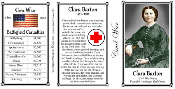 Clara Barton, US Civil War biographical history mug tri-panel.