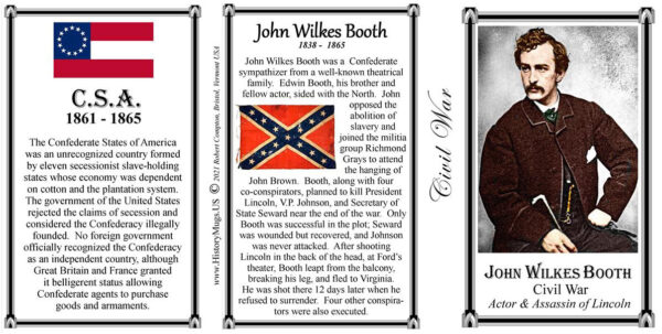 John Wilkes Booth, US Civil War biographical history mug tri-panel.