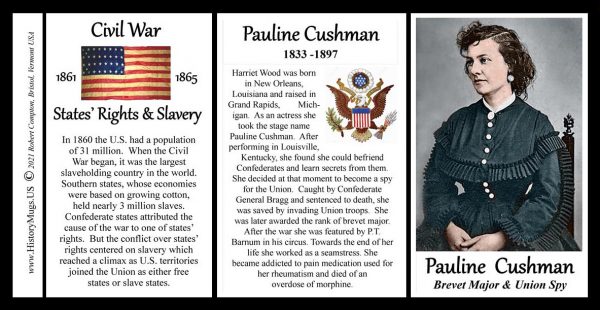 Pauline Cushman, woman who fought as a man in the Civil War Union Army biographical history mug.