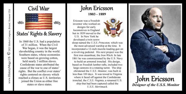 John Ericsson, designer of the U.S.S. Monitor biographical history mug tri-panel.