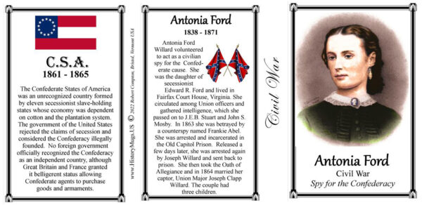 Antonia Ford, Confederate spy biographical history mug tri-panel.