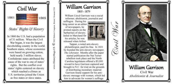 William Lloyd Garrison, US Civil War Union abolitionist biographical history mug tri-panel.