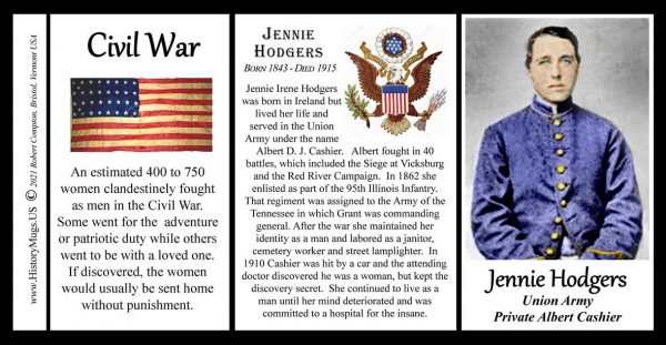 Jennie Hodgers, Union Army, US Civil War biographical history mug tri-panel.