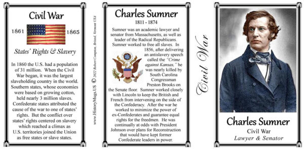 Charles Sumner, US Civil War, lawyer and senator biographical history mug tri-panel.