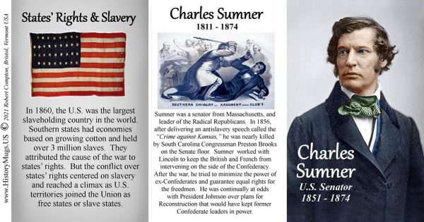 Charles Sumner, U.S. Senator biographical history mug tri-panel.