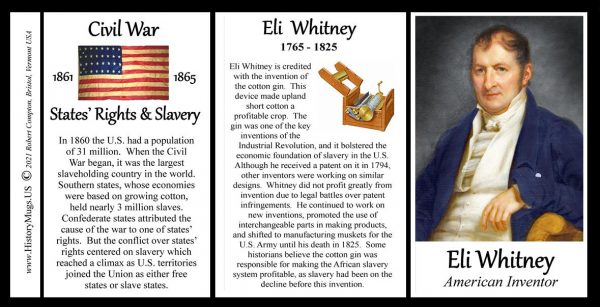 Eli Whitney, American inventory biographical history mug tri-panel.
