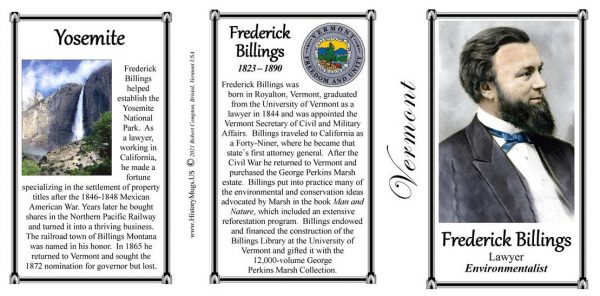 Frederick Billings, Vermont lawyer and environmentalist biographical history mug tri-panel.