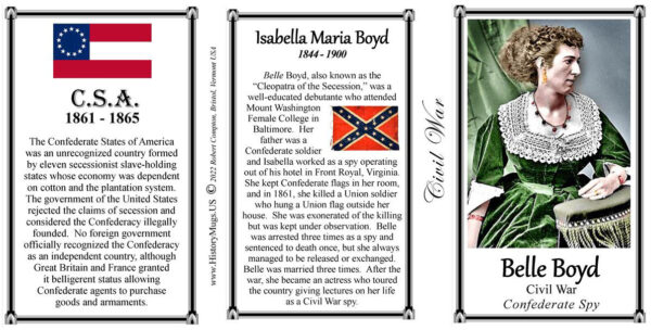 Isabella “Belle” Boyd, US Civil War Confederate spy biographical history mug tri-panel.