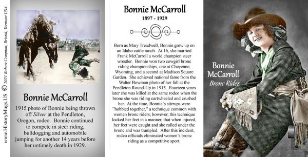 Bonnie McCarroll, cowgirl bronc riding champion, biographical history mug tri-panel.