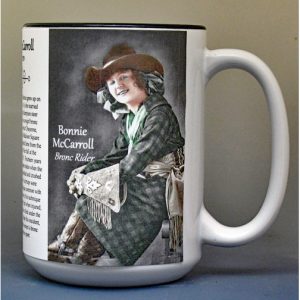 Bonnie McCarroll, cowgirl bronc riding champion, biographical history mug.