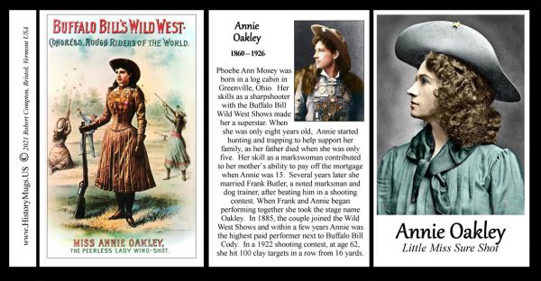Annie Oakley, “Little Miss Sure Shot” biographical history mug tri-panel.