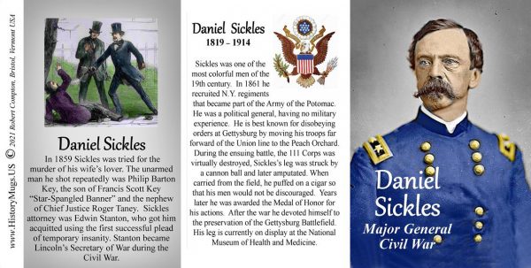 Daniel Sickles, Major General Union Army, US Civil War biographical history mug tri-panel.
