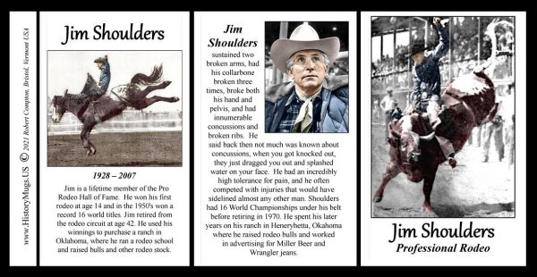 Jim Shoulders pro-rodeo biographical history mug tri-panel.