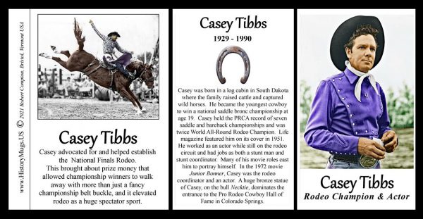Casey Tibbs, pro-rodeo biographical history mug tri-panel.