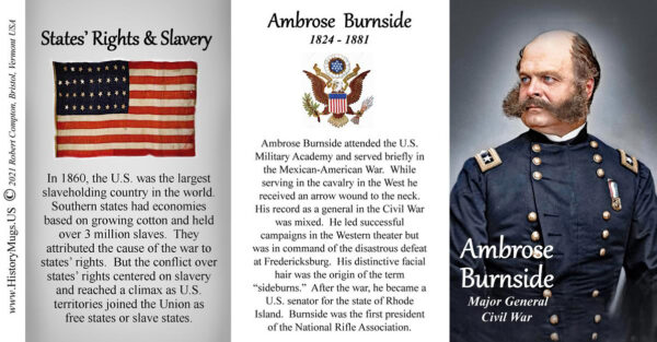 Ambrose Burnside, Union Army, US Civil War biographical history mug tri-panel.