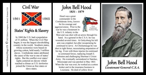 John Bell Hood, Confederate Army, US Civil War biographical history mug tri-panel.