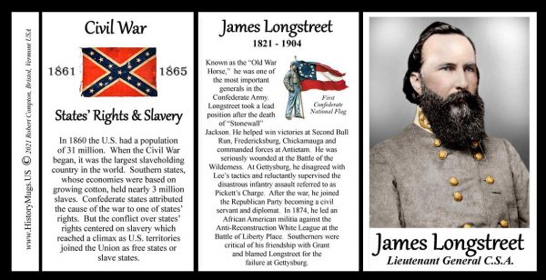 James Longstreet, Confederate Army, US Civil War biographical history mug tri-panel.