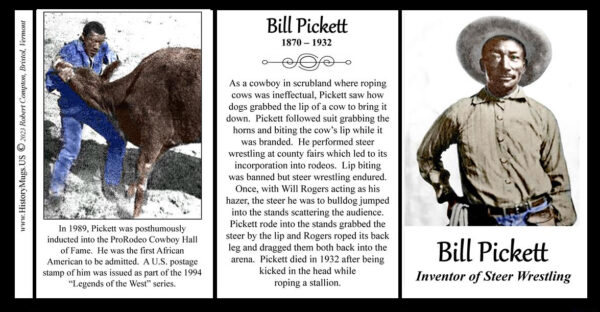 Bill Pickett, pro-rodeo biographical history mug tri-panel.