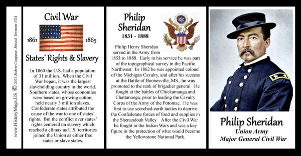 Philip Sheridan, Major General Union Army, US Civil War biographical history mug tri-panel.