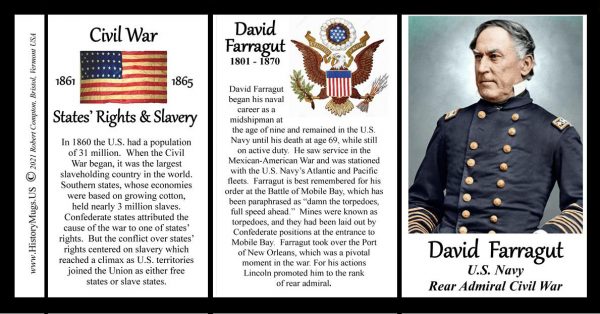 David Farragut, Rear Admiral US Navy, US Civil War biographical history mug tri-panel.