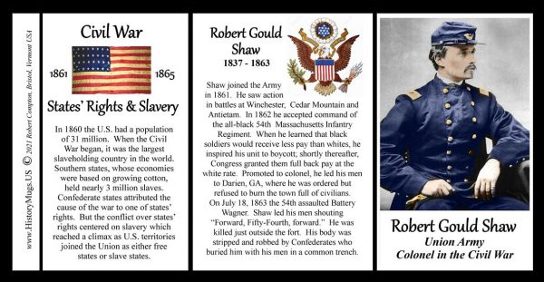 Robert Gould Shaw, Colonel Union Army, US Civil War biographical history mug tri-panel.